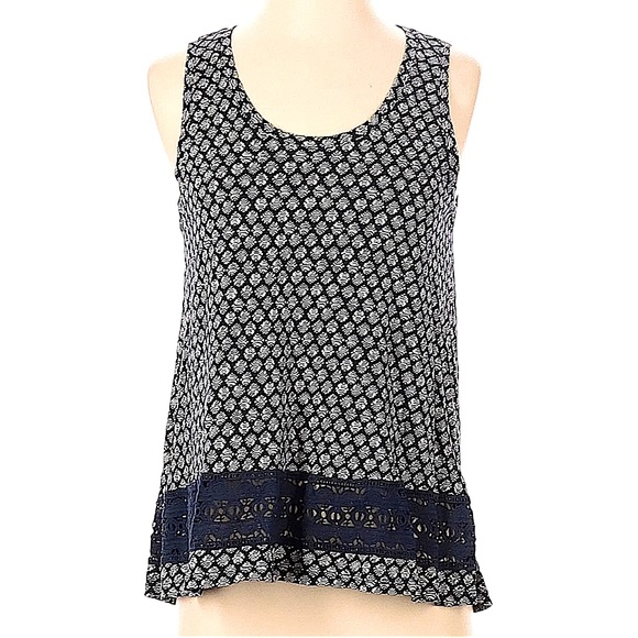 Ann Taylor Loft size small navy blue & white sleeveless top, lace around bottom - Picture 1 of 14